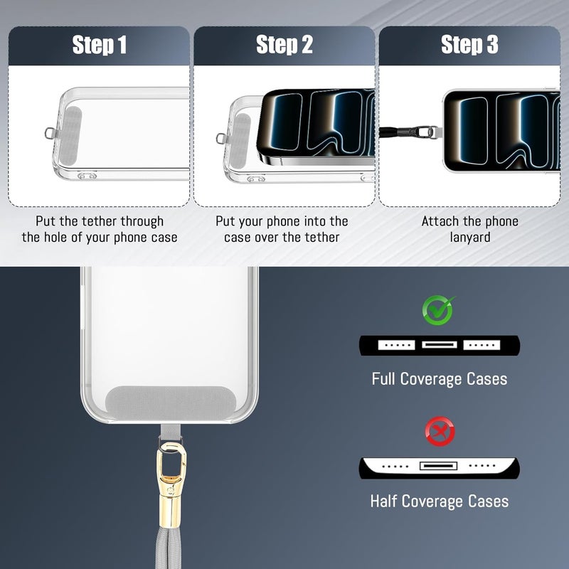 Dadanism Phone Lanyard 2 Pack, 2x Adjustable Crossbody Phone Strap, 2x Tether Tab, Anti-theft Universal Cellphone Multifuctional Patch Lanyards for iPhone & Most Smartphones, Black + Silver Gray - Image 2